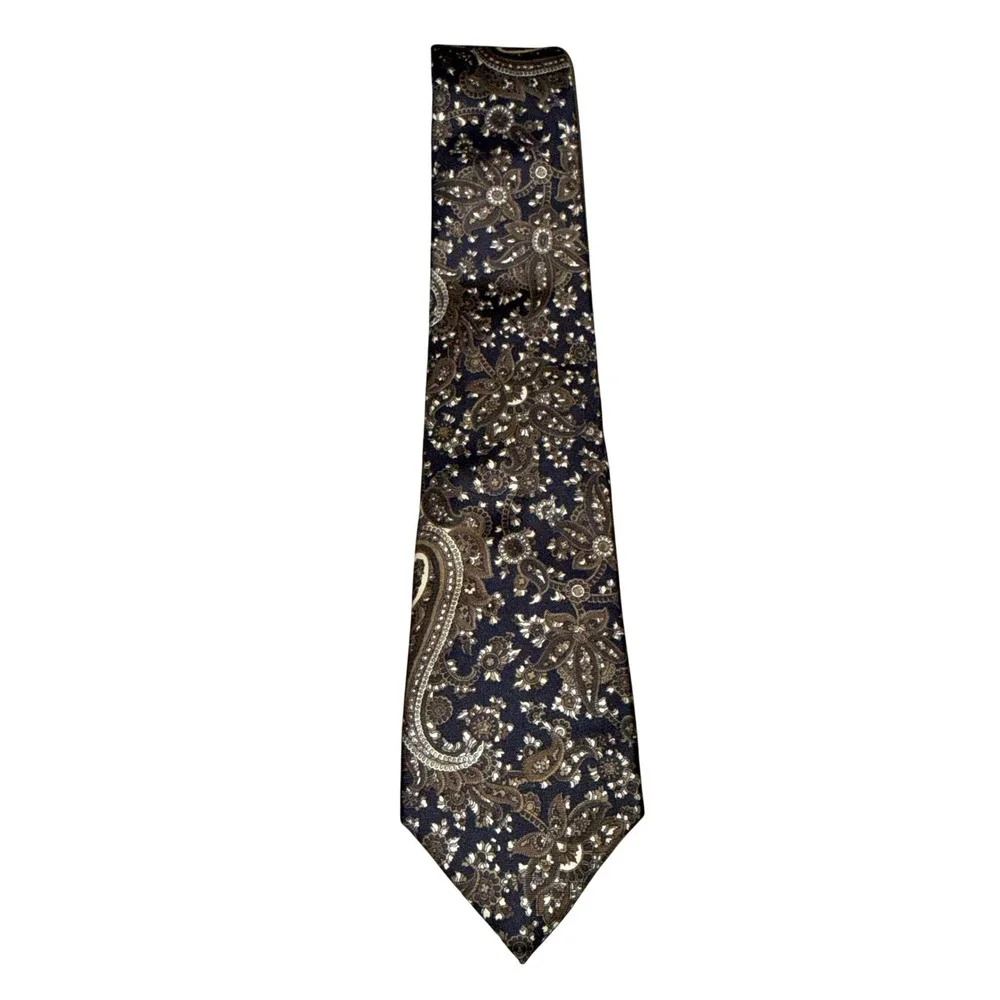 Christian Dior Silk Tie OS Navy Brown Paisley Floral Italian Fabric Made‎ in USA